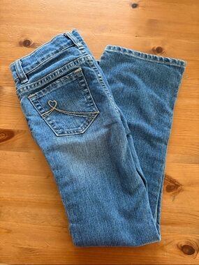 Classic Blue Girls Jeans with Heart-Stitch Pocket